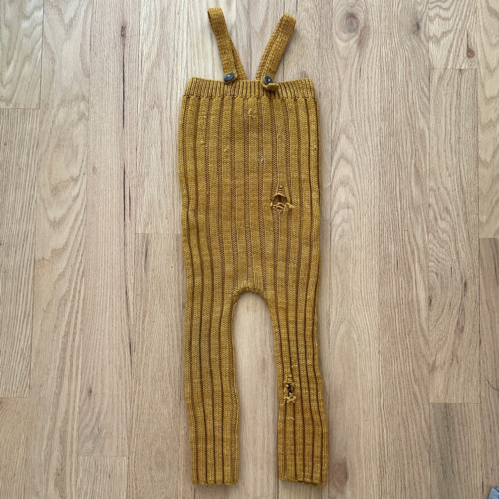 Misha & Puff golden yellow merino wool knitted longies overalls kids sz 2-3 yr